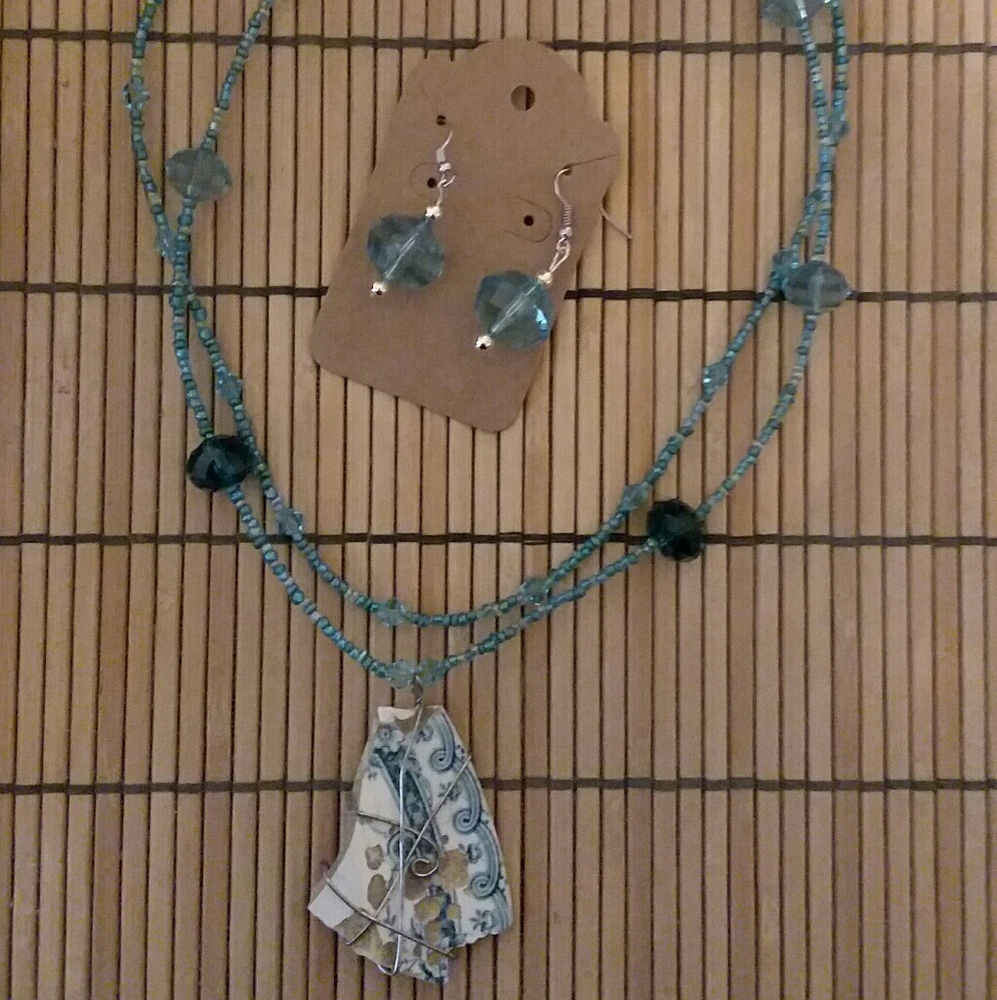 Teal double strand necklace & earrings